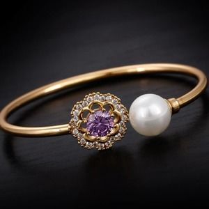 Amethyst Flower Pearl Open Bangle Bracelet 18k Gold Plated